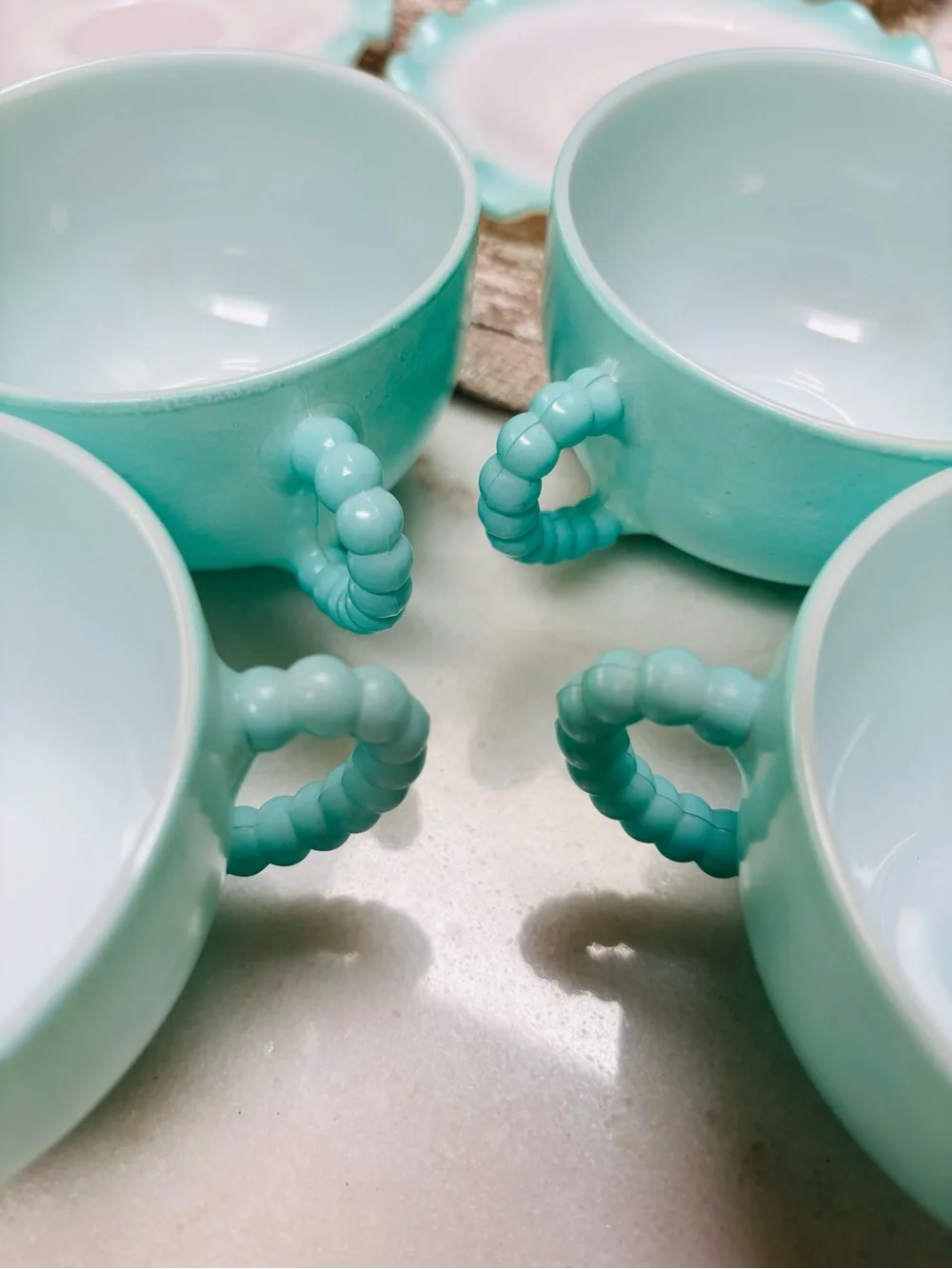 Vintage Hazel Atlas Turquoise Ripple Crinoline Cup and Saucer lot of 4